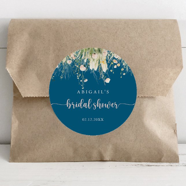 Greenery Boho Wildflower Navy Bridal Shower Favour Classic Round Sticker (Creator Uploaded)
