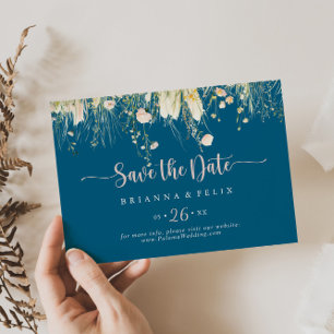 Greenery Boho Wildflower Navy Horizontal Wedding  Save The Date