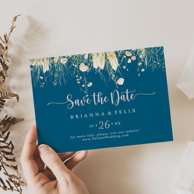 Greenery Boho Wildflower Navy Horizontal Wedding  Save The Date (Creator Uploaded)