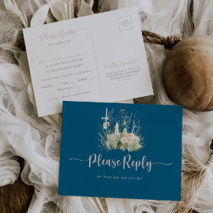 Greenery Boho Wildflower Navy Menu Choice RSVP Postcard