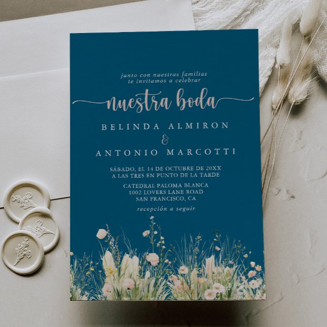 Greenery Boho Wildflower Navy Nuestra Boda Wedding Invitation (Creator Uploaded)