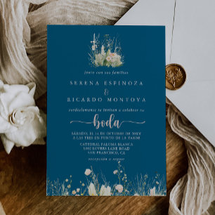 Greenery Boho Wildflower Navy Spanish Wedding Invitation