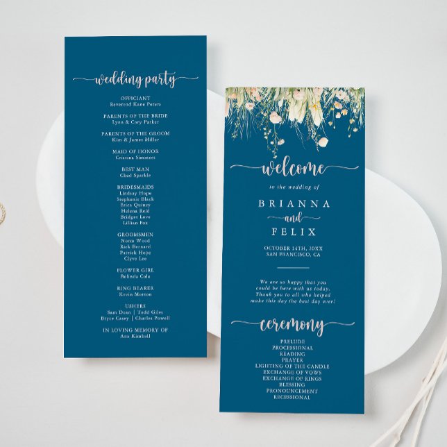 Greenery Boho Wildflower Navy Wedding Program Programme (Creator Uploaded)
