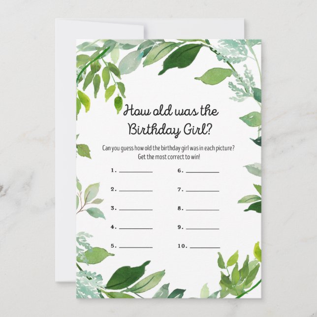 Greenery Botanical Birthday Girl Game 5x7" Size Invitation (Front)