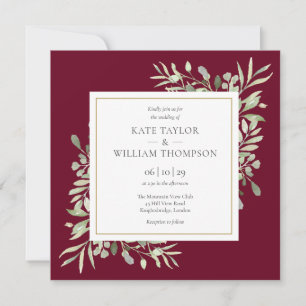 Greenery Botanical Burgundy Wedding Square Invitation