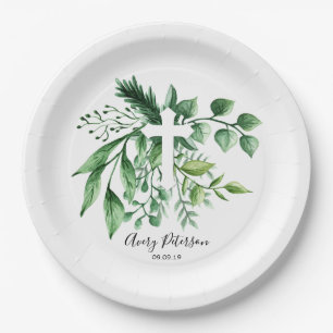 Greenery Botanical Cross First Holy Communion Paper Plate
