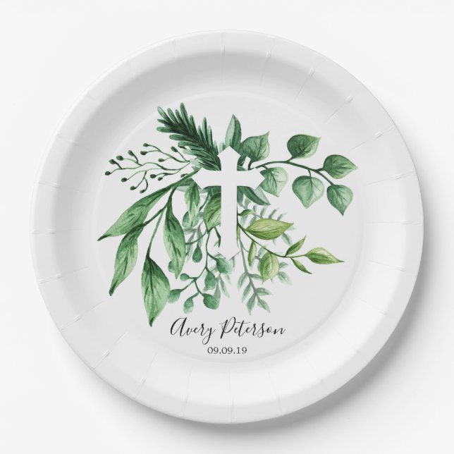 Greenery Botanical Cross First Holy Communion Paper Plate (Front)