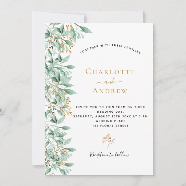 Greenery botanical floral gold white wedding invitation (Front)