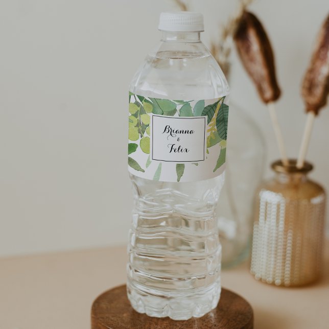 Greenery Botanical Foliage Calligraphy Wedding Water Bottle Label (Creator Uploaded)