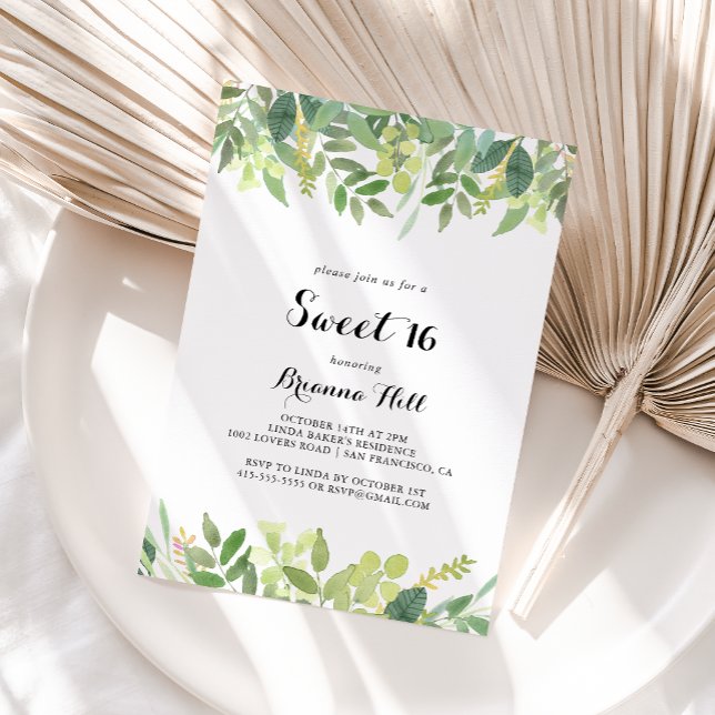 Greenery Botanical Foliage Sweet 16 Birthday Party Invitation (Creator Uploaded)