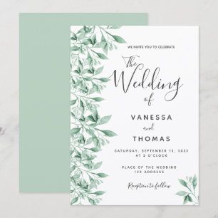 Greenery botanical green white script wedding invitation