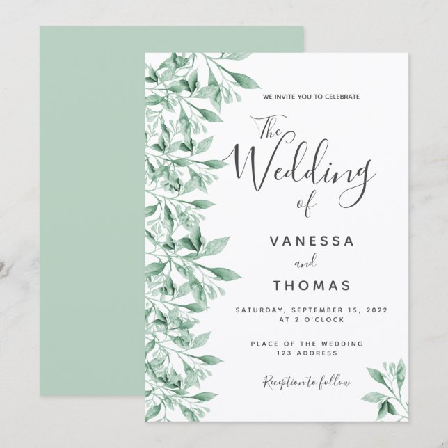 Greenery botanical green white script wedding invitation (Front/Back)