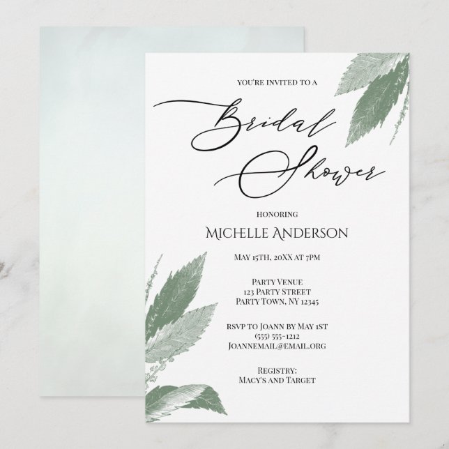 Greenery Botanical Leaves Bridal Shower Invitation (Front/Back)