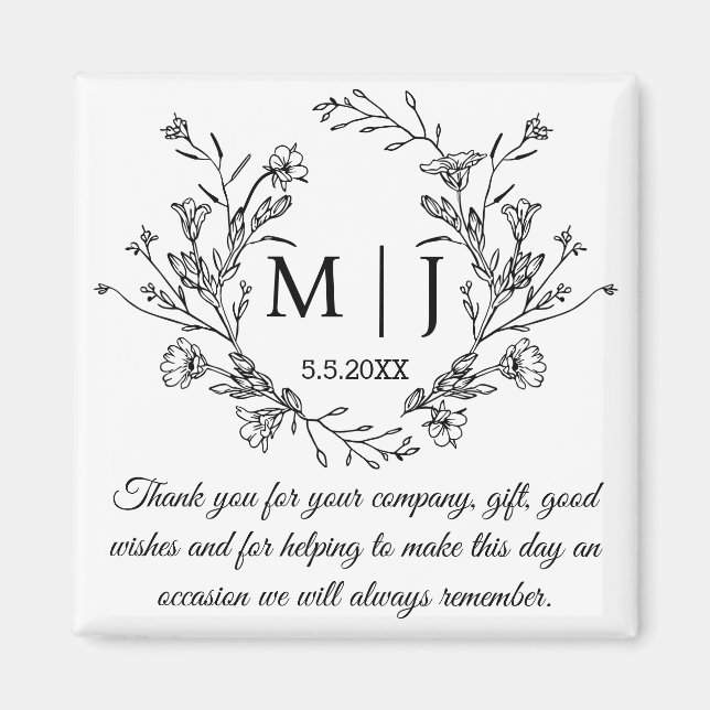 Greenery Botanical Monogram Wedding Thank You Magnet (Front)