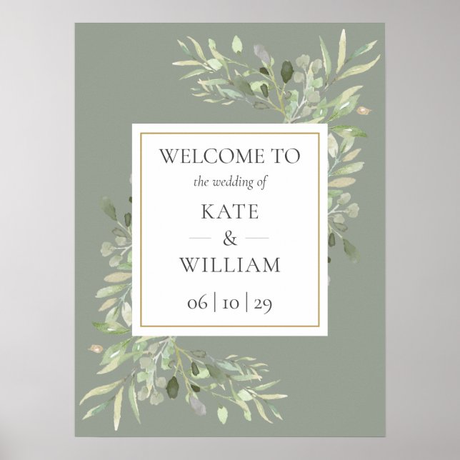Greenery Botanical Sage Green Wedding Welcome Sign (Front)