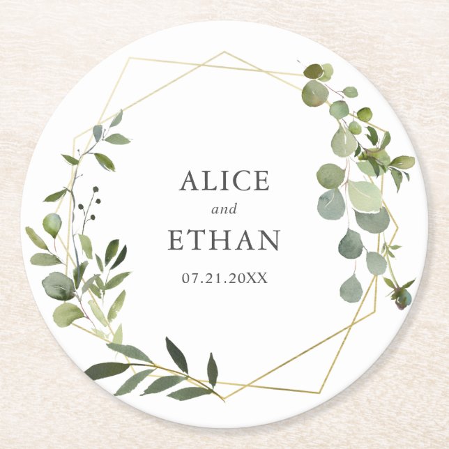 Greenery Botanical Wedding Round Paper Coaster (Front)