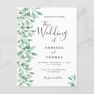 Greenery botanical white green wedding invitation postcard