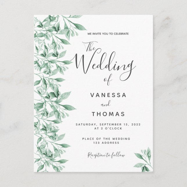 Greenery botanical white green wedding invitation postcard (Front)