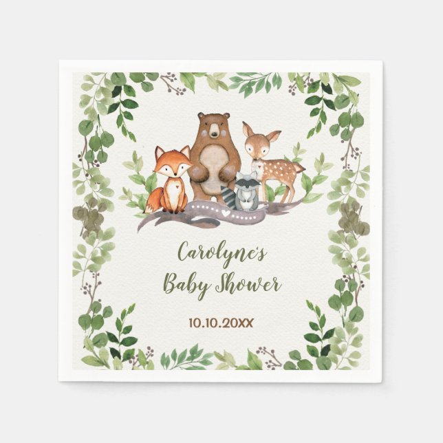 Greenery Botanical Woodland Animals Baby Shower Napkin (Front)