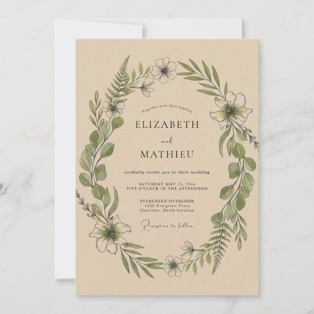 Greenery Botanical Wreath Wedding Invitation (Front)