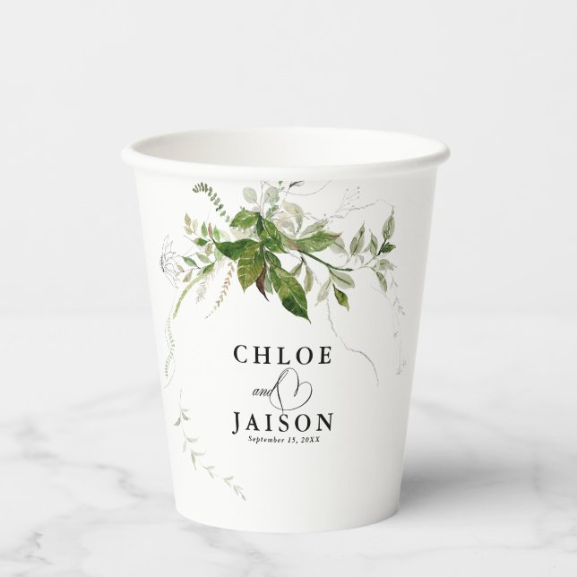 Greenery Botanicals Watercolor Calligraphy Wedding Paper Cups (Front)