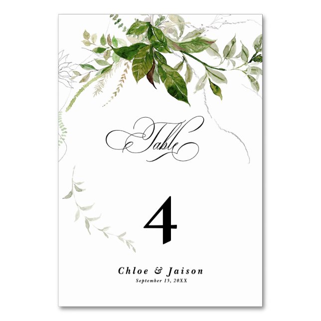 Greenery Botanicals Watercolor Calligraphy Wedding Table Number (Front)