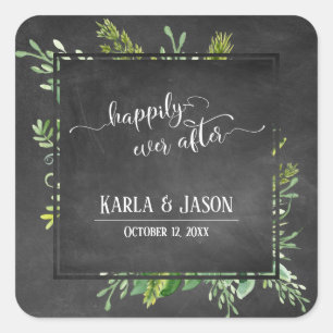 Greenery Bouquet Happily Ever After Chalkboard Square Sticker