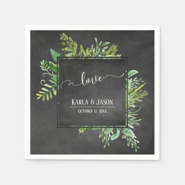 Greenery Bouquet Love Typography Chalkboard Napkin (Front)