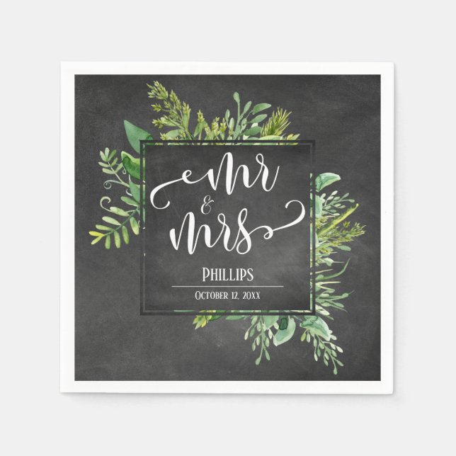 Greenery Bouquet Mr & Mrs Typography Chalkboard Napkin (Front)