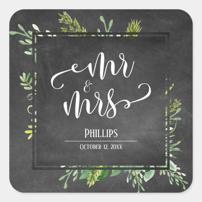 Greenery Bouquet Mr & Mrs Typography Chalkboard Square Sticker (Front)