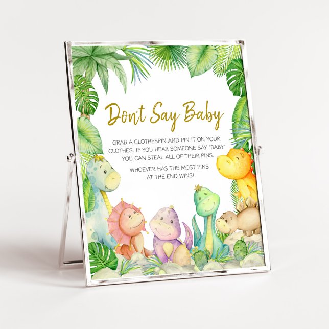 Greenery Boy Dinosaur Baby Shower Don't Say Baby Poster (Rawr! It's a Boy Dino Baby Shower Don't Say Baby Sign)