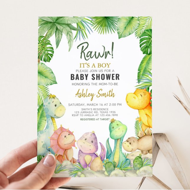 Greenery Boy Dinosaur Baby Shower  Invitation (Rawr! It's a Boy Dino Baby Shower Invitation)