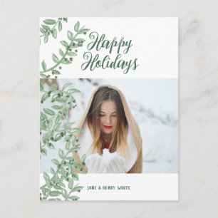 Greenery Branch Script Letters Personalised Photo Holiday Postcard