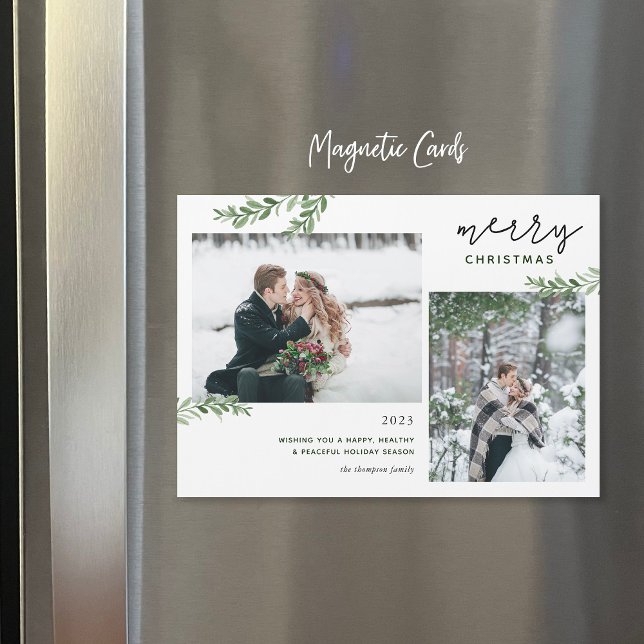 Greenery Branches 2 Photo Magnetic Christmas Card (Creator Uploaded)