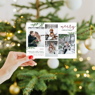 Greenery Branches 4 Photo Collage Holiday Card