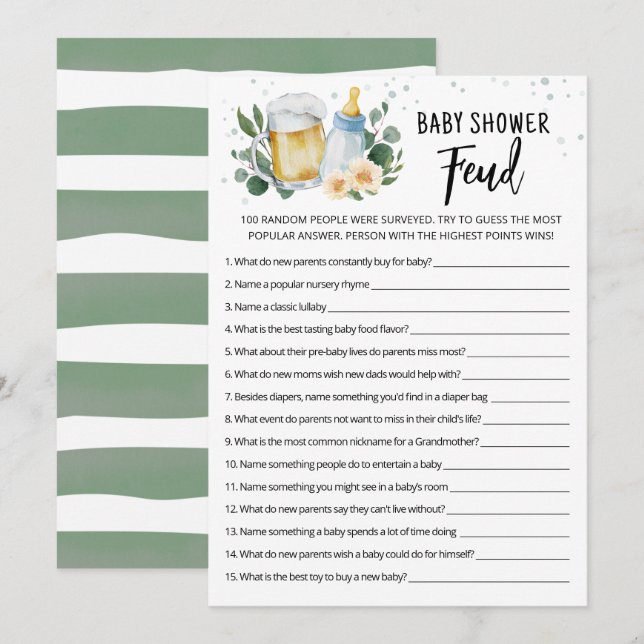 Greenery Brewing Baby Shower Feud Game Card (Front/Back)