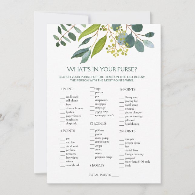 Greenery Bridal Purse game/Wedding Scramble Invitation (Front)