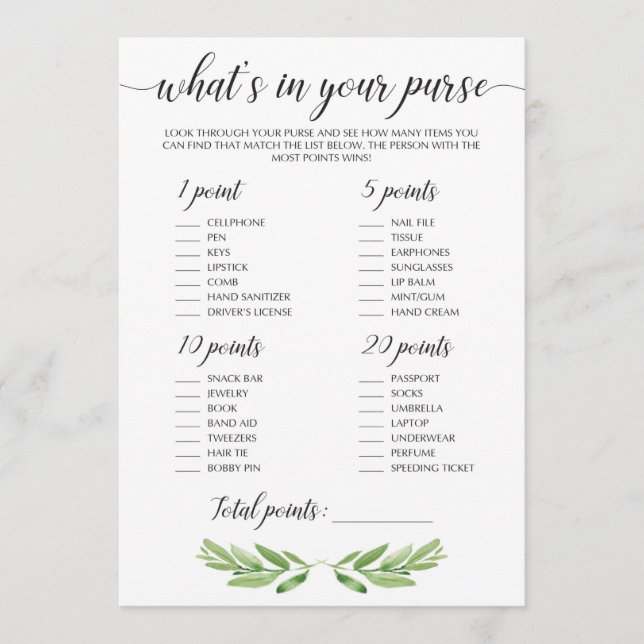 Greenery Bridal Shower Activity Purse Raid Game (Front)