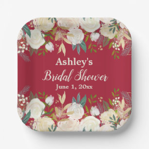 Greenery Bridal Shower Burgundy Engagement Party Paper Plate