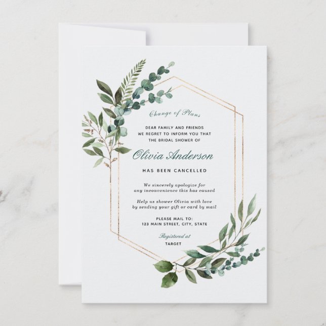 Greenery Bridal Shower Cancellation Announcement (Front)