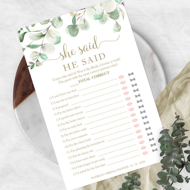 Greenery Bridal Shower He Said She Said Game Flyer (Creator Uploaded)