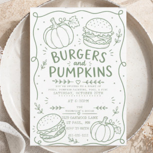 greenery Burgers Pumpkins Party hand drawn Doodle Invitation