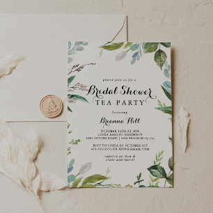 Greenery Calligraphy Bridal Shower Tea Party Invitation