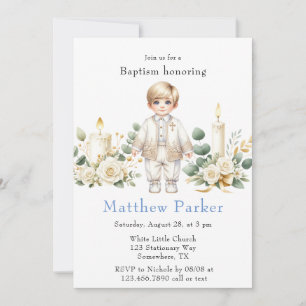 Greenery Candles Cartoon Boy Baptism  Invitation