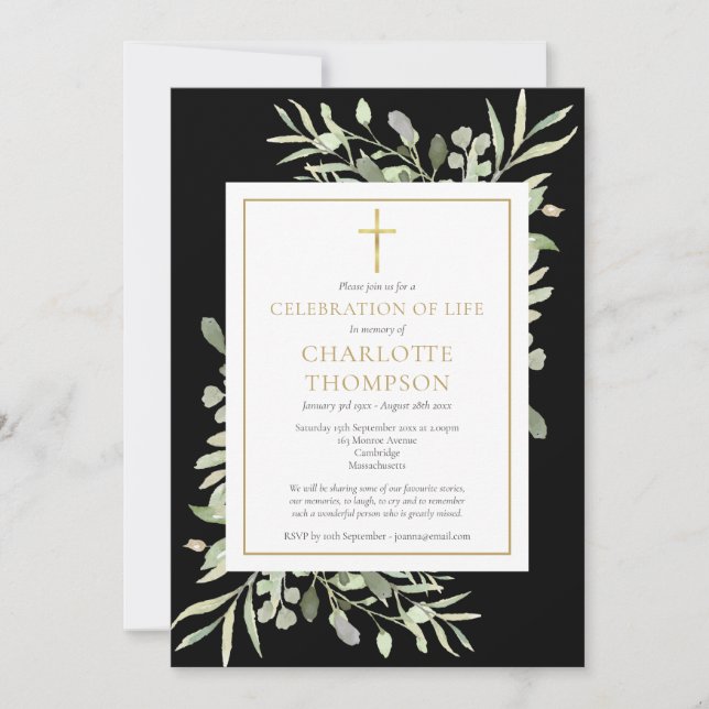 Greenery Celebration of Life Black Gold Funeral Invitation (Front)