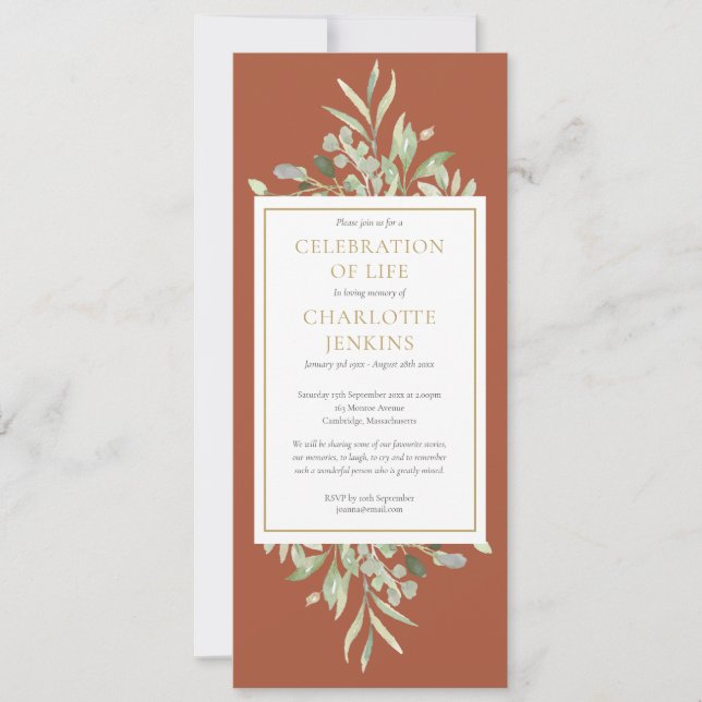 Greenery Celebration of Life Funeral Service  Invi Invitation (Front)