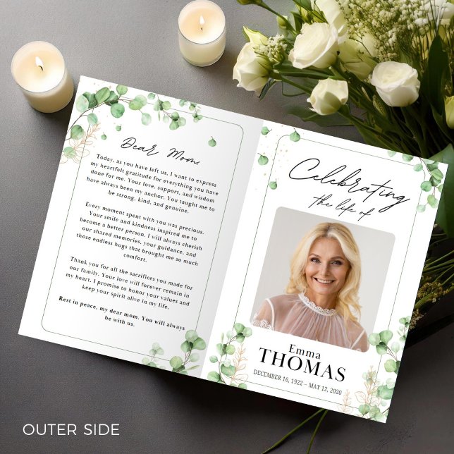 Greenery Celebration of Life with Foto Funeral Programme (Funeral Program,Funeral Memorial,Green Order of Service,Foto  Celebration of Life for Woman)