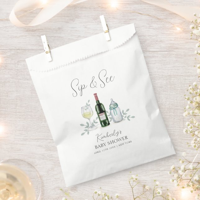 Greenery Champagne Sip & See Baby Shower Favour Bags (Clipped)