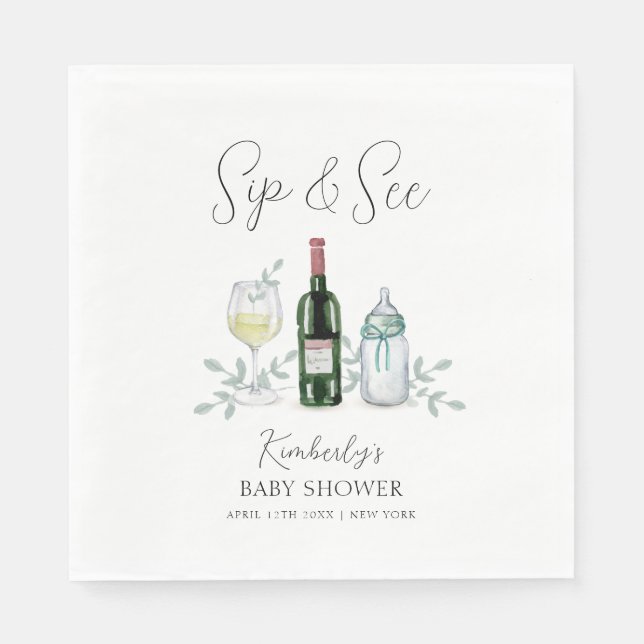 Greenery Champagne Sip & See Baby Shower Napkin (Front)