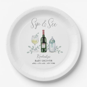 Greenery Champagne Sip & See Baby Shower Paper Plate